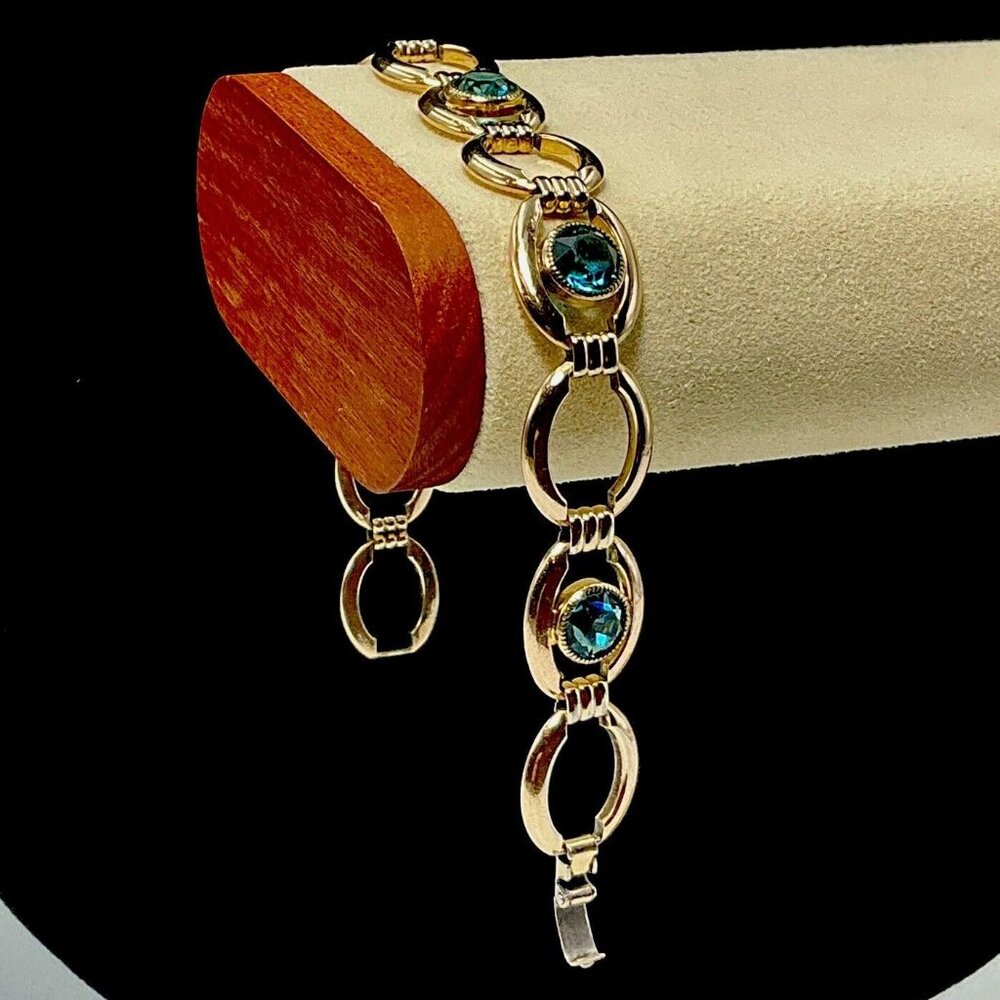 12K Gold Filled Vintage Simmons Bracelet Blue Stones 7”
